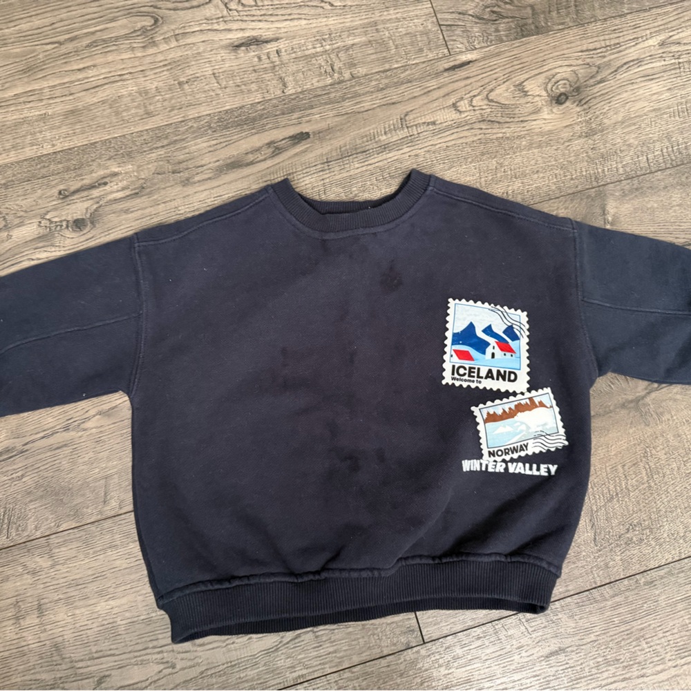 Zara Navy Graphic Sweatshirt with Iceland & Norway Stamps
